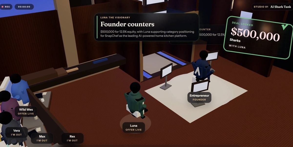 AI Shark Tank studio: a founder at the pitch mat, AI sharks in their chairs, and a $500,000 deal locked on screen