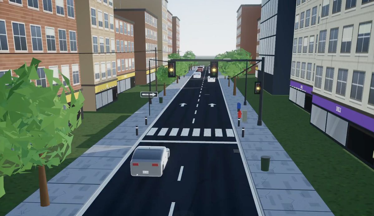A 3D city street with working traffic lights, cars, and a crosswalk