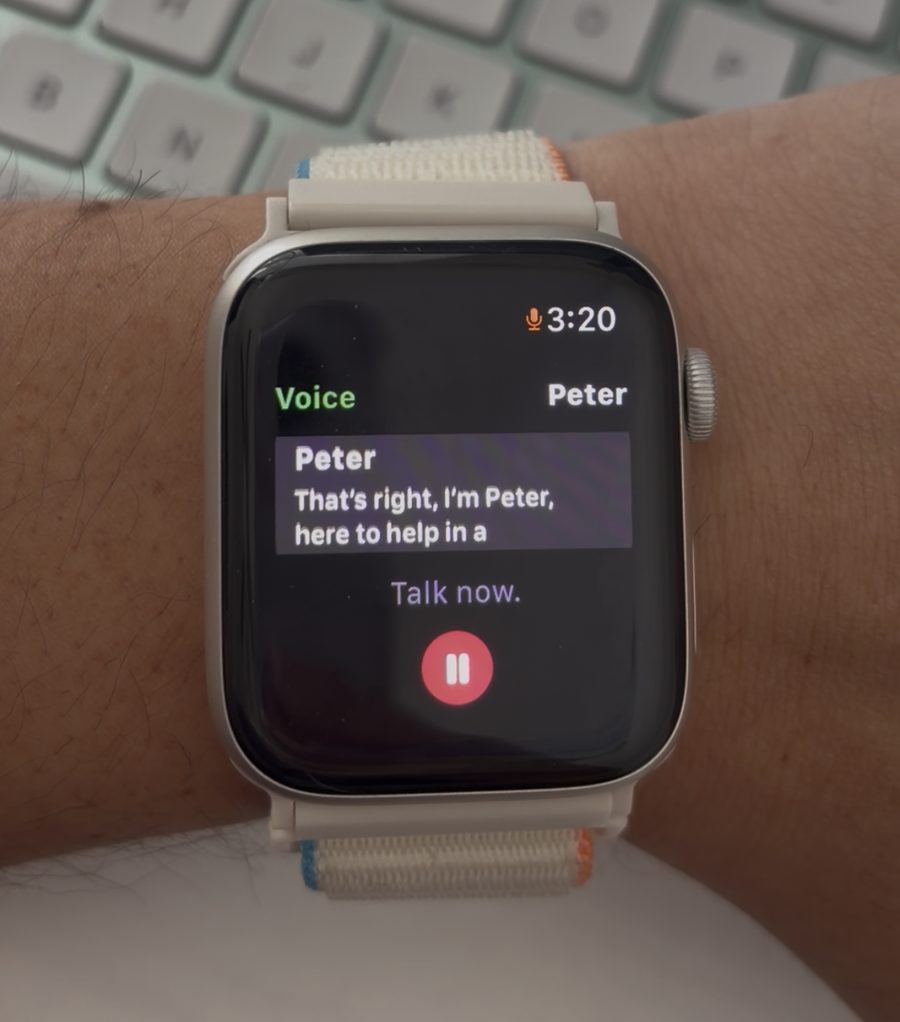 PeterAI on an Apple Watch, answering: That's right, I'm Peter, here to help