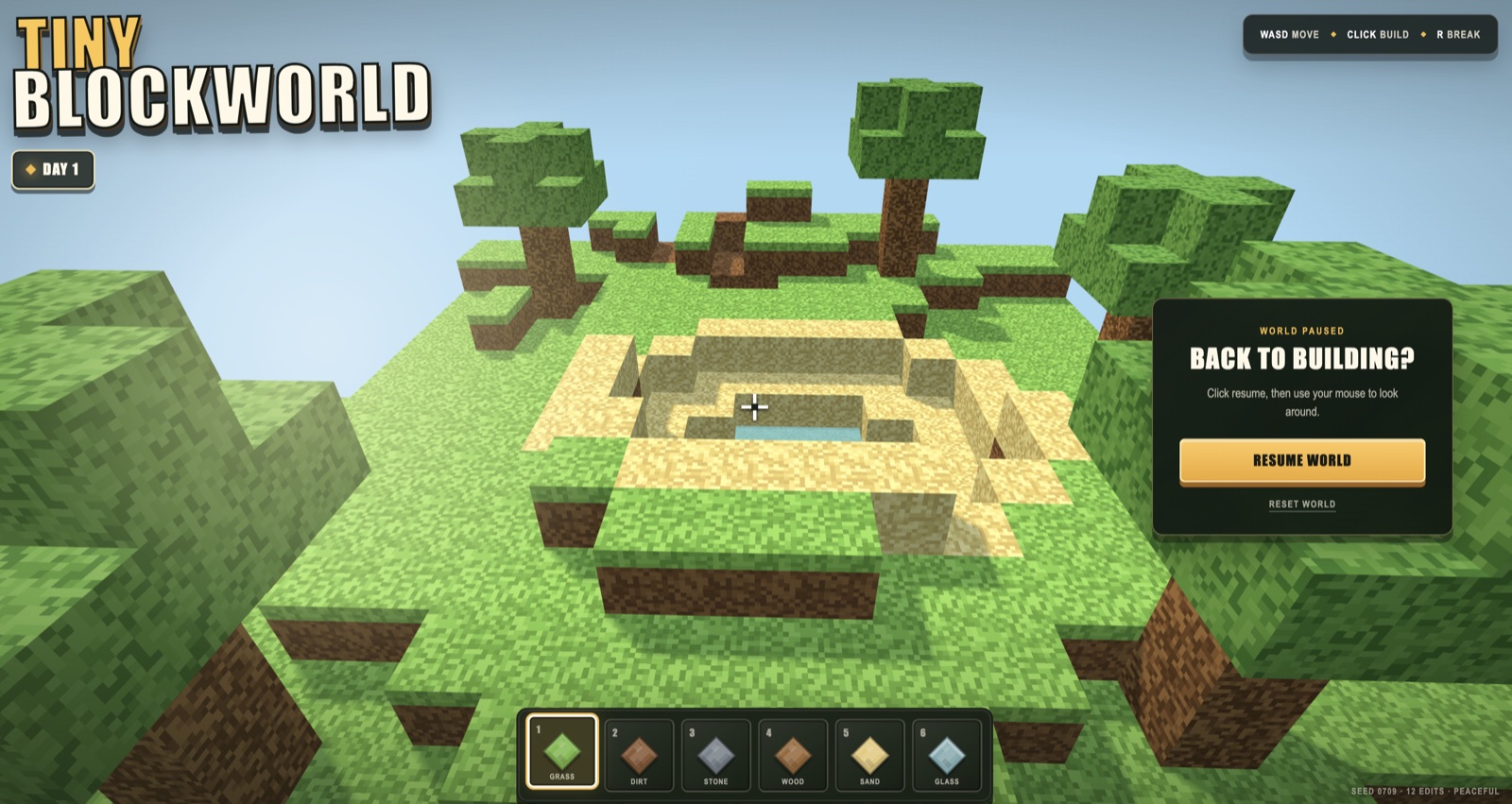 Tiny Blockworld voxel-building game with a grassy island, trees, and building controls